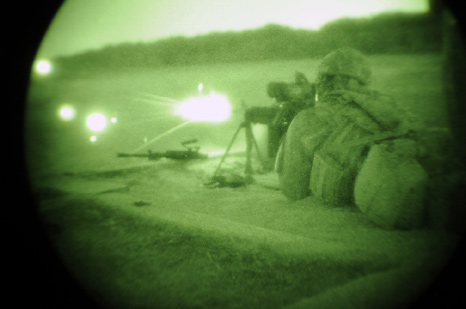 soldier firing gun through a lens