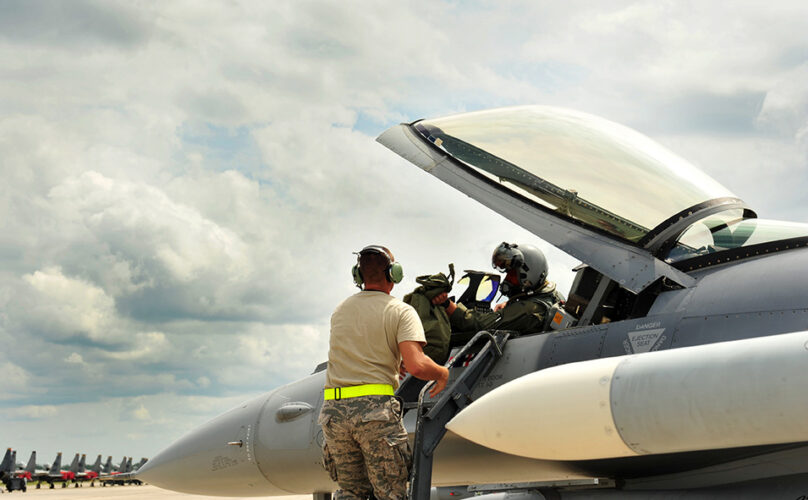 Senior Airman Josh Utter, a crew chief with the 180th Fighter Wing, assists F-16 pilot, 1st Lt. Pete Fritz as he prepares for a training sortie Sept. 15 at Tyndall Air Force Base, Fla. About 120 Airmen from the 180th FW traveled to Tyndall to participate in the Combat Archer exercise, a weapons system evaluation program designed to test the effectiveness of our Airmen and air-to-air weapon system capability of our F-16s and other combat aircraft. Training allows our pilots to provide a vital link for the defense of our country.